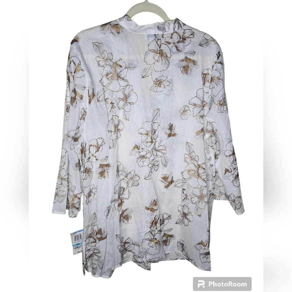 Charter Club women's bright white /brown floral embroidered v-neck top size 20 - Picture 2 of 9